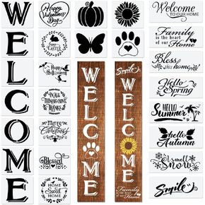 Welcome Letter Stencils for Painting on Wood Canvas and More - Reusable Large Alphabet Calligraphy Font for Home and Front Door, Porch or Outside Decoration Fabric Chalkboard Plastic