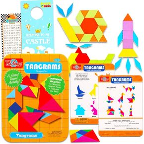 14 Pc Magnetic Tangram Puzzle Set - 360 Different Pattern Block Combinations | Mini Tangram Bundle Learning Play Set for Kids with Beach Kids Bookmark