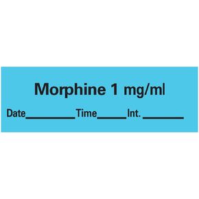 AN-13D1 "Morphine 1 mg/mL" Removable Anesthesia Tape with Date, Time and Initial, 1" Core, 1/2" Width, 500" Length, Blue