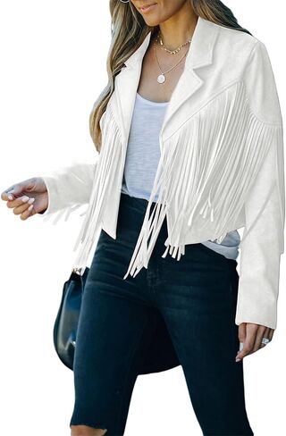 Women Fringe Jacket Faux Suede Cardigan with Tassel Long Sleeve Lapel Vintage Cropped Coats Motor Biker Outerwear in Kuwait