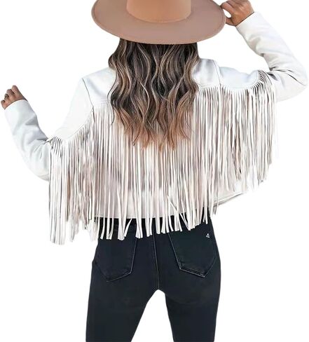 Women Fringe Jacket Faux Suede Cardigan with Tassel Long Sleeve Lapel Vintage Cropped Coats Motor Biker Outerwear in Kuwait