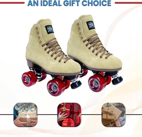أحذية تزلج دوارة للاستخدام الخارجي من Sure Grip Tan Boardwalk للرجال والنساء | صنع في الولايات المتحدة الأمريكية ومستورد | عجلات 65 ملم مع مادة نعل من النايلون - ABEC 3 محامل مع سدادات مطاطية قابلة للتعديل مقاس 5/8 بوصة in Kuwait