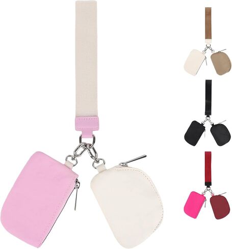 Mini Zip Around Wristlet Wallet for Women, Small Keychain Wallet Dual Pouch Portable Detachable Coin Purse Card Holder, Mini Pocket Key Chain Wristlet Wallet Ideal Birthday Gift(Pink+White) in Saudi Arabia