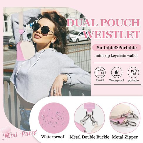 Mini Zip Around Wristlet Wallet for Women, Small Keychain Wallet Dual Pouch Portable Detachable Coin Purse Card Holder, Mini Pocket Key Chain Wristlet Wallet Ideal Birthday Gift(Pink+White) in Saudi Arabia