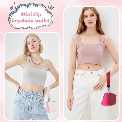 Mini Zip Around Wristlet Wallet for Women, Small Keychain Wallet Dual Pouch Portable Detachable Coin Purse Card Holder, Mini Pocket Key Chain Wristlet Wallet Ideal Birthday Gift(Pink+White) in Saudi Arabia