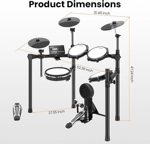 مجموعة طبول كهربائية مع 5 منصات شبكية هادئة، مجموعة طبول كهربائية للبالغين المبتدئين مع 390 صوتًا أصليًا، 30 مجموعة طبول، USB MIDI، تسجيلات، دواسة ركل، تحتوي على عرش الطبل، وعصي الطبل، وسماعات الرأس in Kuwait