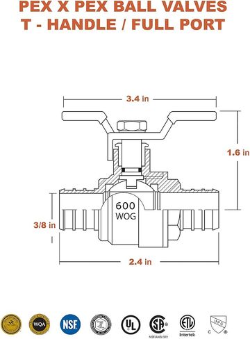 Midline Valve 837Q034-4 Full Port x PEX Barb Ball Valve Water Shut Off with Tee Handle, 1/2", Brass (Pack of 2) in Saudi Arabia