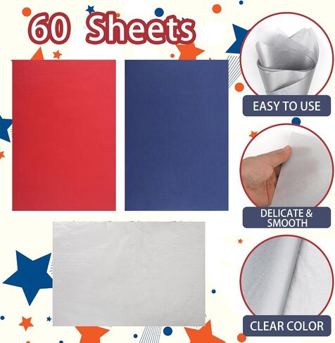 60 Sheets Patriotic Red Blue Silver Tissue Paper, 4th of July Decorative Art Paper for DIY Crafts Independence Day Memorial Day Party Decorations, 14 x 20 Inch in Saudi Arabia