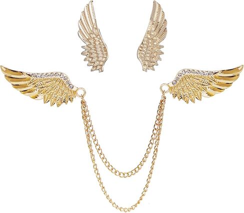 2PCS Angel Wings Tassel Chain Brooch Collar Pins,Rhinestone Metal Feather Lapel Pin, Suit Coat Breastpin for Women Men's Accessories in Saudi Arabia