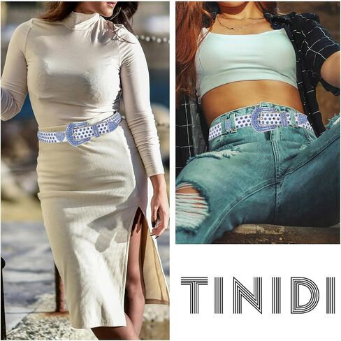 حزام TINIDI بحجر الراين للرجال والنساء، أحزمة جلدية مرصعة بالكريستال والألماس الغربي لسراويل الجينز in Kuwait