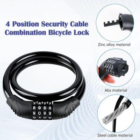 Combination Bike Cable Locks, 4 Digit Bike Lock Chain Bike Lock Cable Heavy Duty Resettable Self Coiling Combination Cable Combo Bike Locks Scooter Lock 2Feet in Saudi Arabia