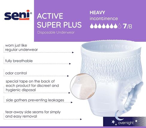 ملابس داخلية Seni Active Super Plus للاستعمال مرة واحدة مع درزات قابلة للتمزيق، مقاس كبير، S-LA18-AP1، ثقيل، 18 قيراط in Kuwait