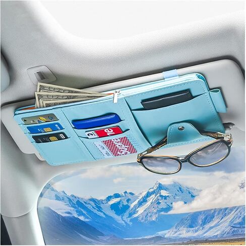 Car Sun Visor Organizer, Leather Storage Pocket Sun Visor Pouch with Zipper for Cards License Registration Pen Glasses Document, Fits Most Car SUV, Auto Interior Accessories for Men Women (Beige) in Saudi Arabia