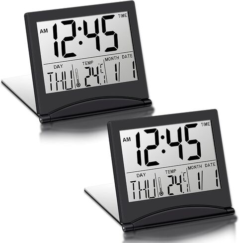 Hicarer 2 قطعة منبه رقمي للسفر يعمل بالبطارية وساعة LCD قابلة للطي مع تقويم درجة الحرارة ووضع الغفوة متعدد الوظائف وساعة مكتب صغيرة محمولة وساعة مكتب كبيرة العرض (أسود) in Kuwait