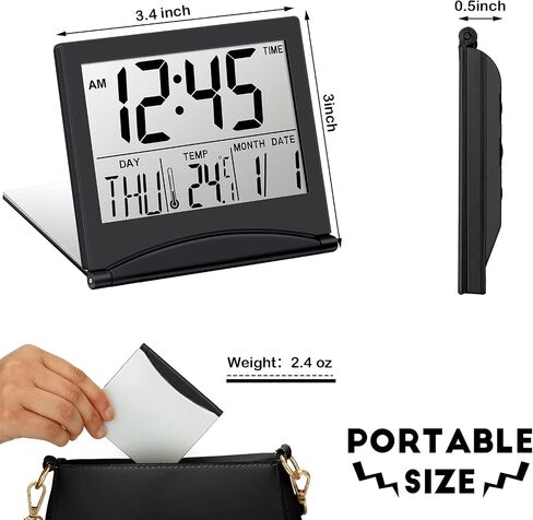 Hicarer 2 قطعة منبه رقمي للسفر يعمل بالبطارية وساعة LCD قابلة للطي مع تقويم درجة الحرارة ووضع الغفوة متعدد الوظائف وساعة مكتب صغيرة محمولة وساعة مكتب كبيرة العرض (أسود) in Kuwait