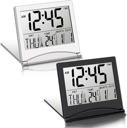 Hicarer 2 قطعة منبه رقمي للسفر يعمل بالبطارية وساعة LCD قابلة للطي مع تقويم درجة الحرارة ووضع الغفوة متعدد الوظائف وساعة مكتب صغيرة محمولة وساعة مكتب كبيرة العرض (أسود) in Saudi Arabia