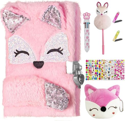 Gifts for 7 8 9 10 11 12 Year Old Girls，Diary with Lock for Girls - Journal Kit for Girls with Bookmarks Sticky Notes Pom Pom Pen Notebook - Diary for Girls ages 8-12 (Fox Diary,Pink) in Saudi Arabia