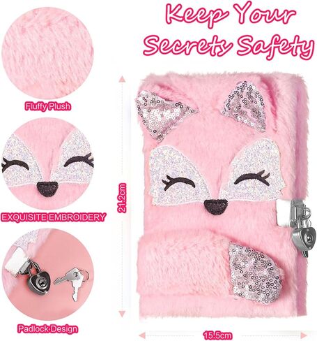 Gifts for 7 8 9 10 11 12 Year Old Girls，Diary with Lock for Girls - Journal Kit for Girls with Bookmarks Sticky Notes Pom Pom Pen Notebook - Diary for Girls ages 8-12 (Fox Diary,Pink) in Saudi Arabia