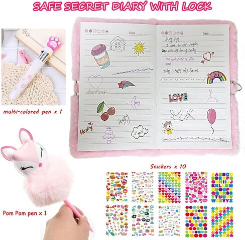 Gifts for 7 8 9 10 11 12 Year Old Girls，Diary with Lock for Girls - Journal Kit for Girls with Bookmarks Sticky Notes Pom Pom Pen Notebook - Diary for Girls ages 8-12 (Fox Diary,Pink) in Saudi Arabia