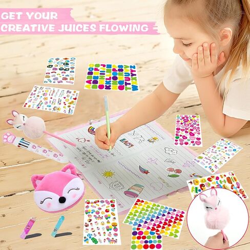 Gifts for 7 8 9 10 11 12 Year Old Girls，Diary with Lock for Girls - Journal Kit for Girls with Bookmarks Sticky Notes Pom Pom Pen Notebook - Diary for Girls ages 8-12 (Fox Diary,Pink) in Saudi Arabia