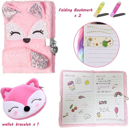 Gifts for 7 8 9 10 11 12 Year Old Girls，Diary with Lock for Girls - Journal Kit for Girls with Bookmarks Sticky Notes Pom Pom Pen Notebook - Diary for Girls ages 8-12 (Fox Diary,Pink) in Saudi Arabia