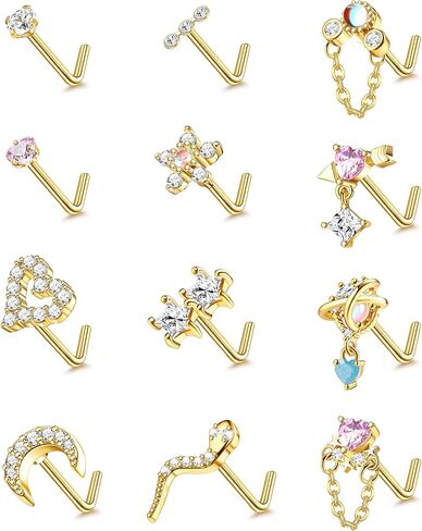 Jstyle 12 قطعة 20 جرام حلقات أنف متدلية للنساء من الفولاذ الجراحي على شكل حرف L حلقات أنف للنساء تشيكوسلوفاكيا قلب ثعبان زهرة متدلية ثقب الأنف مجوهرات in Kuwait