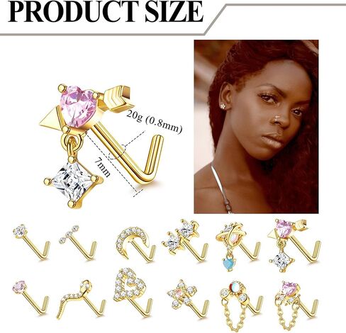 Jstyle 12 قطعة 20 جرام حلقات أنف متدلية للنساء من الفولاذ الجراحي على شكل حرف L حلقات أنف للنساء تشيكوسلوفاكيا قلب ثعبان زهرة متدلية ثقب الأنف مجوهرات in Kuwait