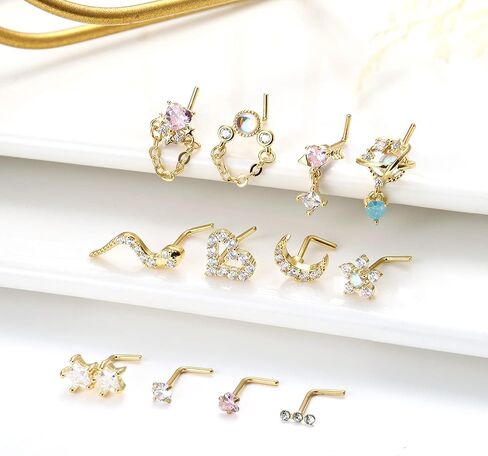 Jstyle 12 قطعة 20 جرام حلقات أنف متدلية للنساء من الفولاذ الجراحي على شكل حرف L حلقات أنف للنساء تشيكوسلوفاكيا قلب ثعبان زهرة متدلية ثقب الأنف مجوهرات in Kuwait