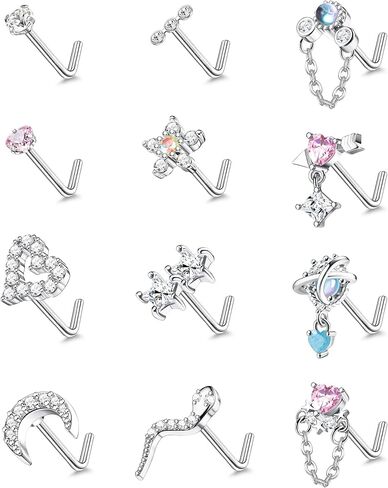 Jstyle 12Pcs 20G Dangle Nose Rings Studs for Women Surgical Steel L Shaped Nose Rings for Women CZ Heart Snake Flower Dangling Nose Piercing Jewelry in Saudi Arabia