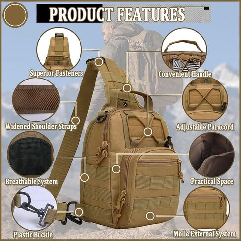 حقيبة حبال تكتيكية، حقيبة كتف عسكرية متينة للاستخدام الخارجي، حقيبة كتف EDC Crossbody Daypack للسفر والرحلات (بني) in Saudi Arabia