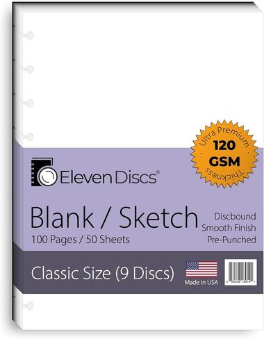 Classic Size Discbound Paper - Blank/Sketch Sheets - Premium 120gsm Heavyweight Notebook & Planner Refills - 9 Discs, 7 x 9.25 in - Punched for Happy Planner (50 Sheets) in Kuwait