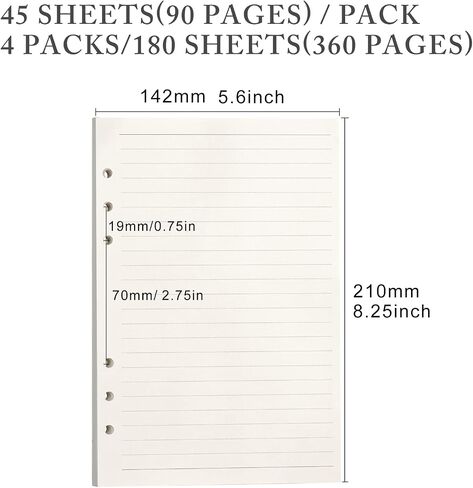 Colorlife A5 Refill Paper 4 Pack Filler Paper 100GSM Thick Refill Lined Paper 6-Hole Filler Inserts Loose Leaf Paper 180 Sheets (360 Pages) Refillable Paper for 6-Ring Binder Journal Notebook in Saudi Arabia