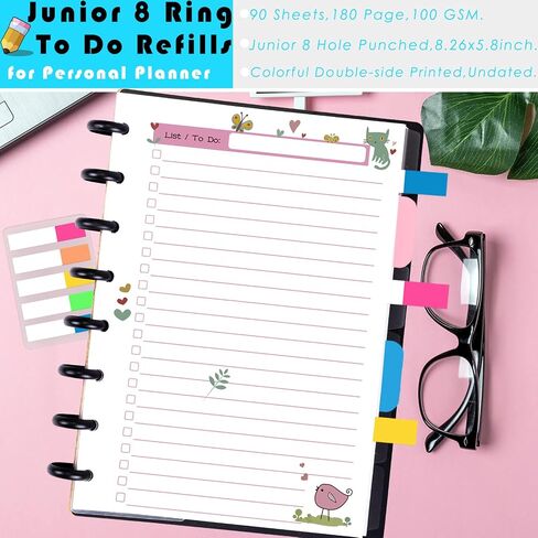 مجموعة إعادة تعبئة مخطط قائمة المهام من Rancco Junior، 180 صفحة 8 حلقات مثقوبة بنصف حرف قرص مع علامات تبويب فهرس، فواصل مؤشرة، حقيبة أوراق فضفاضة، مسطرة لسيركا، قوس، TUL، مخطط سعيد، 5.5 × 8.5 بوصة in Saudi Arabia