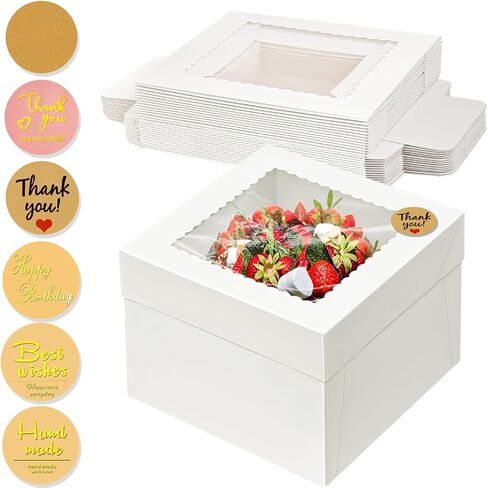 15 قطعة من صناديق الكيك، صندوق كيك طويل 10 × 10 × 8 بوصات مع نافذة، صناديق خبز بيضاء مع ملصقات، صندوق كعكة كبير للاستعمال مرة واحدة لحفلات أعياد الميلاد، الزفاف، عيد الحب in Kuwait