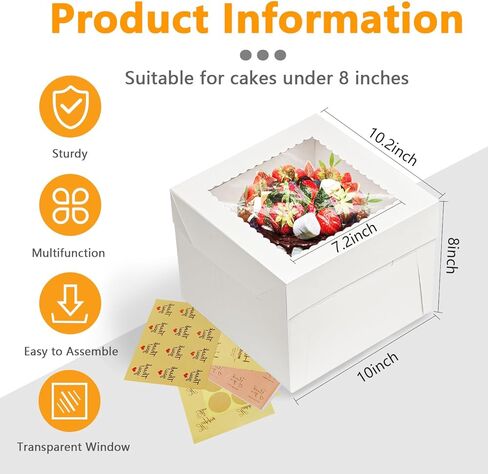 15 قطعة من صناديق الكيك، صندوق كيك طويل 10 × 10 × 8 بوصات مع نافذة، صناديق خبز بيضاء مع ملصقات، صندوق كعكة كبير للاستعمال مرة واحدة لحفلات أعياد الميلاد، الزفاف، عيد الحب in Kuwait