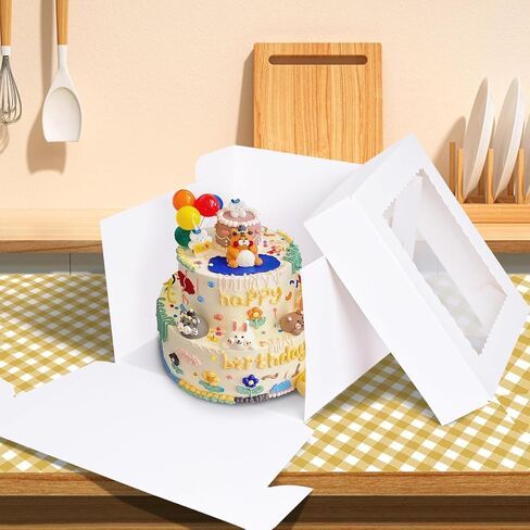 15 قطعة من صناديق الكيك، صندوق كيك طويل 10 × 10 × 8 بوصات مع نافذة، صناديق خبز بيضاء مع ملصقات، صندوق كعكة كبير للاستعمال مرة واحدة لحفلات أعياد الميلاد، الزفاف، عيد الحب in Kuwait