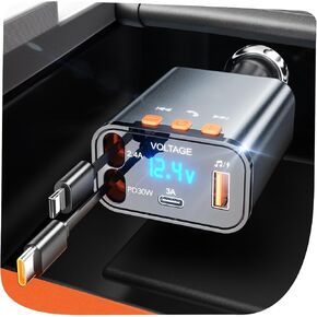 Retractable Car Charger,5 in 1 PD Car Phone Charger with Bluetooth 5.3 FM Transmitter,Handsfree Call and MP3 Player,2 Retractable Cables and USB Charging Adapter for Cars Phone,Galaxy,Pixel(Grey) in Saudi Arabia