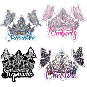 Custom Name Elegant Crown Butterfly Sticker Personalized Text Artistic Aesthetic Bling Decal Waterproof Removable Trendy Gift for Women, Men Laptop, Phone Water Bottle Tumbler Notebook Car Helmet in Kuwait