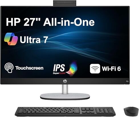 HP 27 AI PC All-in-One 27" Touchscreen IPS FHD Display (Intel Ultra 7-255U, 32GB DDR5, 1TB SSD, Intel Graphics, WiFi 6, Bluetooth 5.4, FHD+IR Webcam, RJ-45, HDMI, Win 11 Home) w/Wireless KB+Mouse in Kuwait