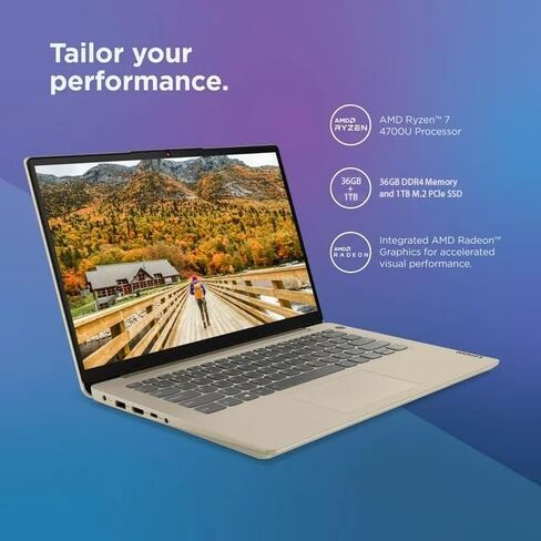 كمبيوتر محمول Lenovo Ideapad 3 مقاس 14 بوصة FHD للأعمال، AMD Ryzen 7، ذاكرة الوصول العشوائي 36 جيجابايت، Windows 11 Pro، 1 تيرابايت SSD، كاميرا ويب، USB-C، HDMI، رملي in Kuwait