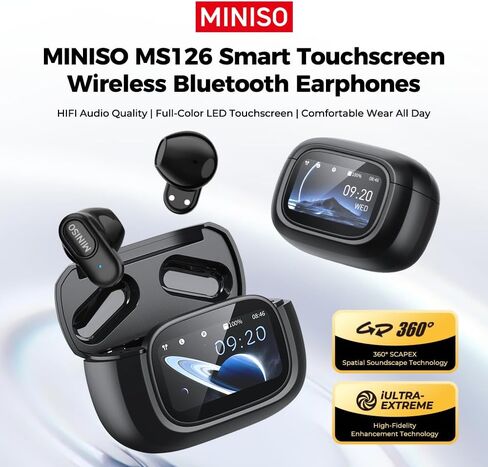 MINISO MS126 Wireless Earbuds with Touchscreen, 360° Panoramic Audio Semi-in-Ear Earbuds with Bluetooth 6.0, Clear Call, 30H Standby for Sports, Office, Study in Kuwait
