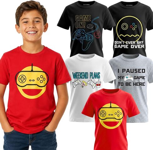 BROOKLYN VERTICAL 5-Pack Video Gamer Short Sleeve Crew Neck Boys T-Shirt with Chest Print | Soft Cotton Sizes 6-30 in Saudi Arabia