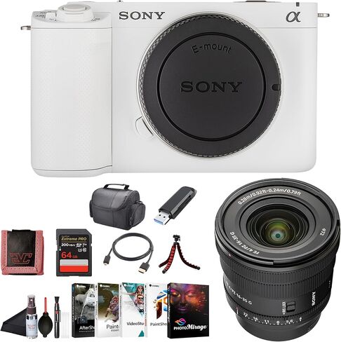 كاميرا Sony Alpha ZV-E1 كاملة الإطار بعدسة بدون مرآة باللون الأبيض ILCZVE1/W، وعدسة Sony Alpha FE PZ مقاس 16-35 مم، وبطاقة 64 جيجابايت، وبرنامج Corel للصور، وقارئ بطاقات، وحقيبة، وحامل ثلاثي القوائم مرن، والمزيد in Kuwait