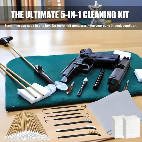 Gun Cleaning Kit - 5-in-1 Professional Supplies for Rifle & Pistol | Includes Patches, Brushes, Tips, Swabs & Cloth | Universal Fit for Most Calibers | Gun Cleaning Supplies & Accessories in Kuwait
