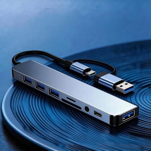 【8 في 1】 محول محطة إرساء USB C Hub مع USB 3.0 بسرعة 5 جيجابت في الثانية، وقارئ بطاقة SD/TF، ​​وصوت 3.5 مم، وOTG متوافق مع iPhone17،16،15، iPad، MacBook، Surface Pro، XPS، Dell، HP، Lenovo Laptop in Kuwait