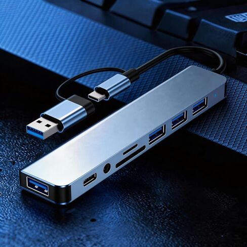 【8 في 1】 محول محطة إرساء USB C Hub مع USB 3.0 بسرعة 5 جيجابت في الثانية، وقارئ بطاقة SD/TF، ​​وصوت 3.5 مم، وOTG متوافق مع iPhone17،16،15، iPad، MacBook، Surface Pro، XPS، Dell، HP، Lenovo Laptop in Kuwait