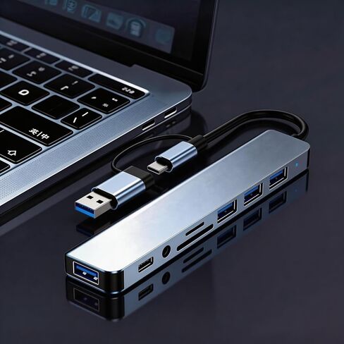【8 في 1】 محول محطة إرساء USB C Hub مع USB 3.0 بسرعة 5 جيجابت في الثانية، وقارئ بطاقة SD/TF، ​​وصوت 3.5 مم، وOTG متوافق مع iPhone17،16،15، iPad، MacBook، Surface Pro، XPS، Dell، HP، Lenovo Laptop in Kuwait