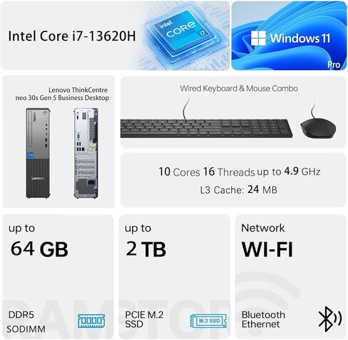سطح مكتب مخصص، مصنوع من Lenovo ThinkCentre Small Form Factor Business Desktop، الجيل الثالث عشر Intel Core i7-13620H، 16 جيجابايت / 64 جيجابايت DDR5، 512 جيجابايت /2 تيرابايت SSD، VGA، Wi-Fi، لوحة مفاتيح وماوس سلكي، Win 11 Pro in Kuwait