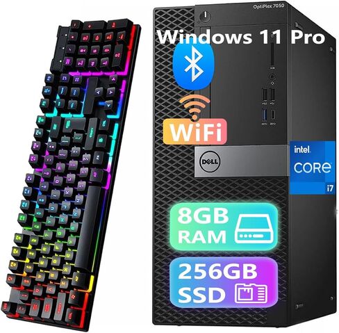 كمبيوتر مكتبي Dell Optiplex 7050 Mini Tower PC، Windows 11 Pro، ذاكرة الوصول العشوائي 8 جيجابايت، 256 جيجابايت SSD، Core i7-6700، USB WiFi+BT، لوحة مفاتيح، ماوس، بدون DVD (متجدد) in Kuwait