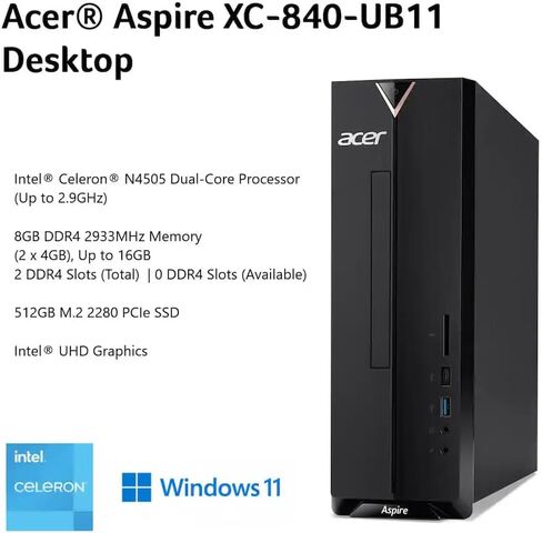 acer Aspire SFF 8L Desktop Computer | Intel Multi-Core CPU | 8GB RAM, 512GB PCIe SSD | Windows 11 | WiFi 6E | Intel UHD Graphic | 4K Display Support, Wired Keyboard & Mouse in Kuwait